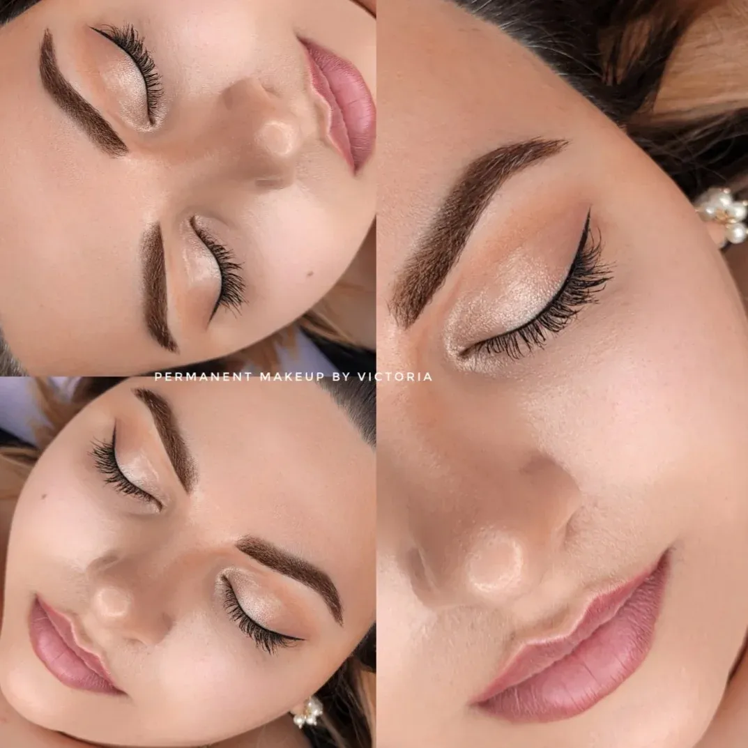 Brow, eyeliner, and lip makeup result collage published by V Beauty Studio